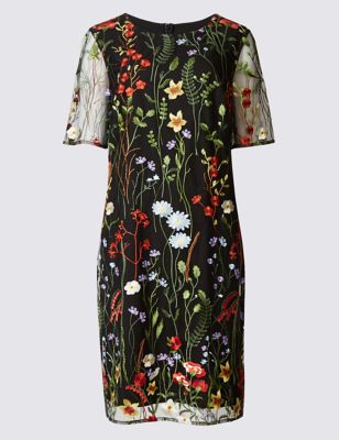 Embroidered Floral Half Sleeve Shift Dress